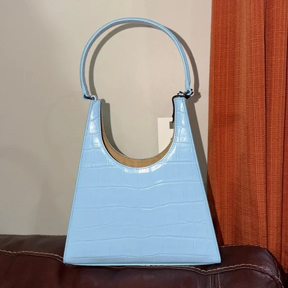 🔥🔥🔥NEW Staud Rey Blue Croc Embossed Leather Shoulder Bag - Picture 4 of 13